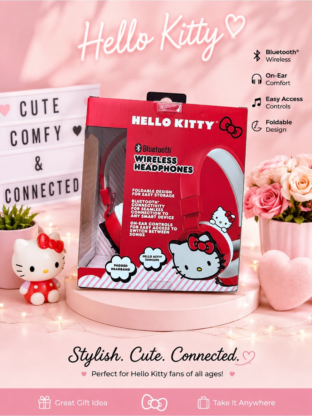 Hello Kitty Bluetooth Headphones in White and Red